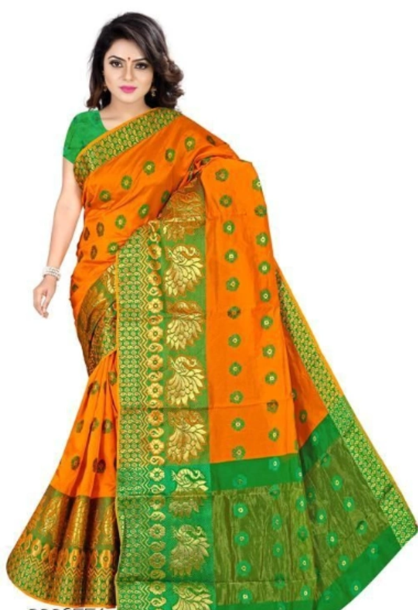 Jacquard Work Banarsi Cotton Silk Saree With Blouse Piece - Orange/ Green,